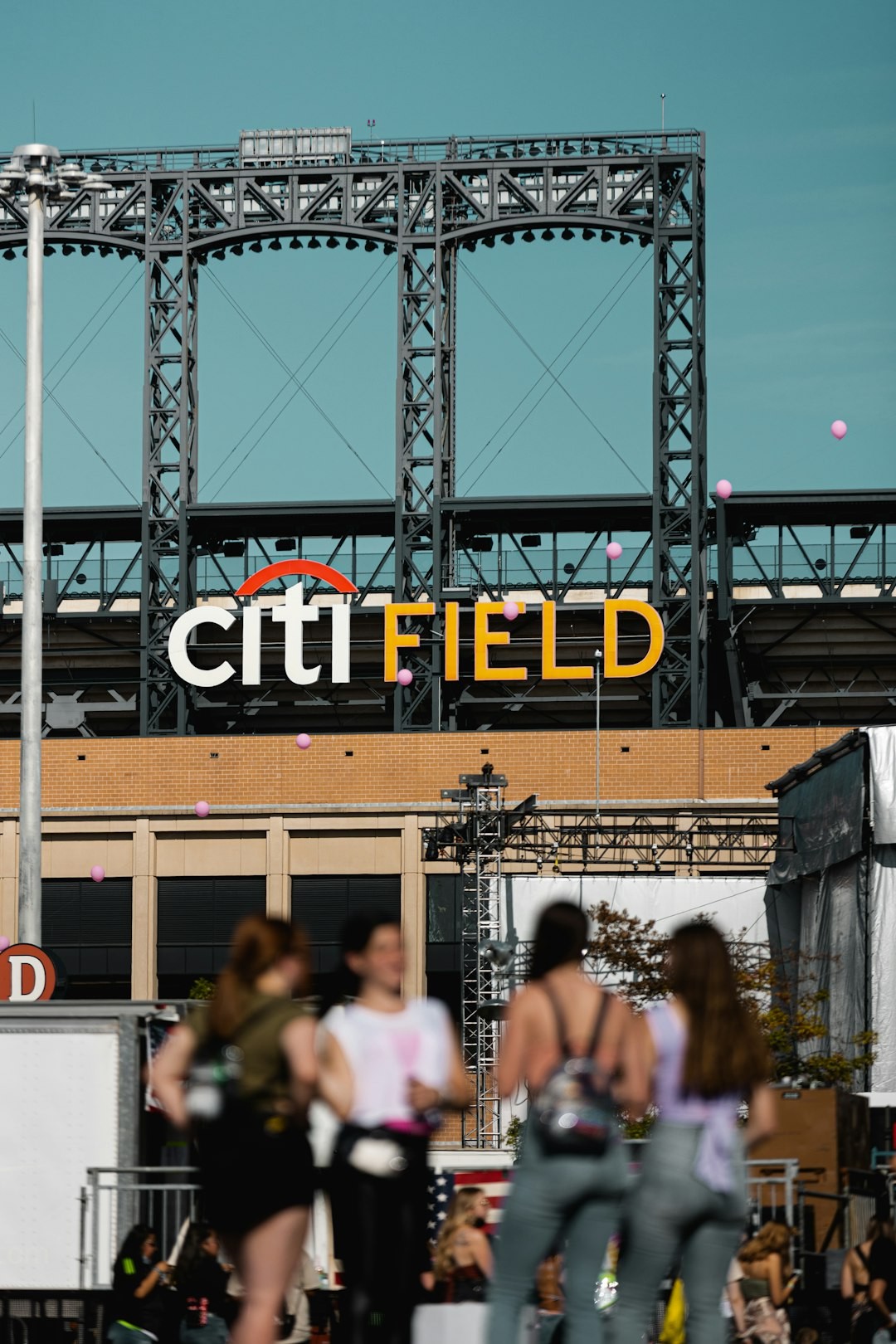 a crowd of people walking around a field